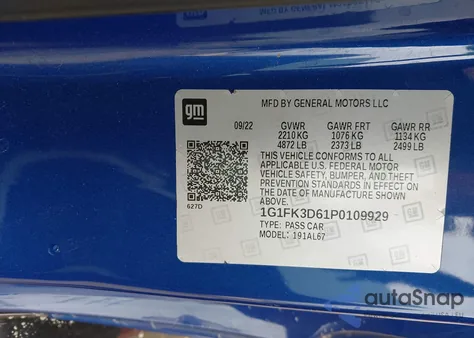 2023 Chevrolet Camaro Rwd Zl1 из США, поврежденный, VIN 1G1FK3D61P0109929